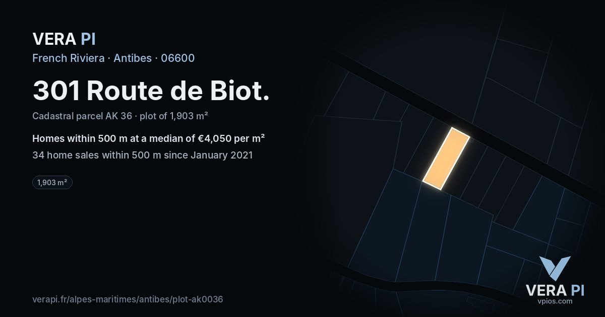 301 Route de Biot, Antibes at night – the plot lit, the parcels around coloured by the prices near them