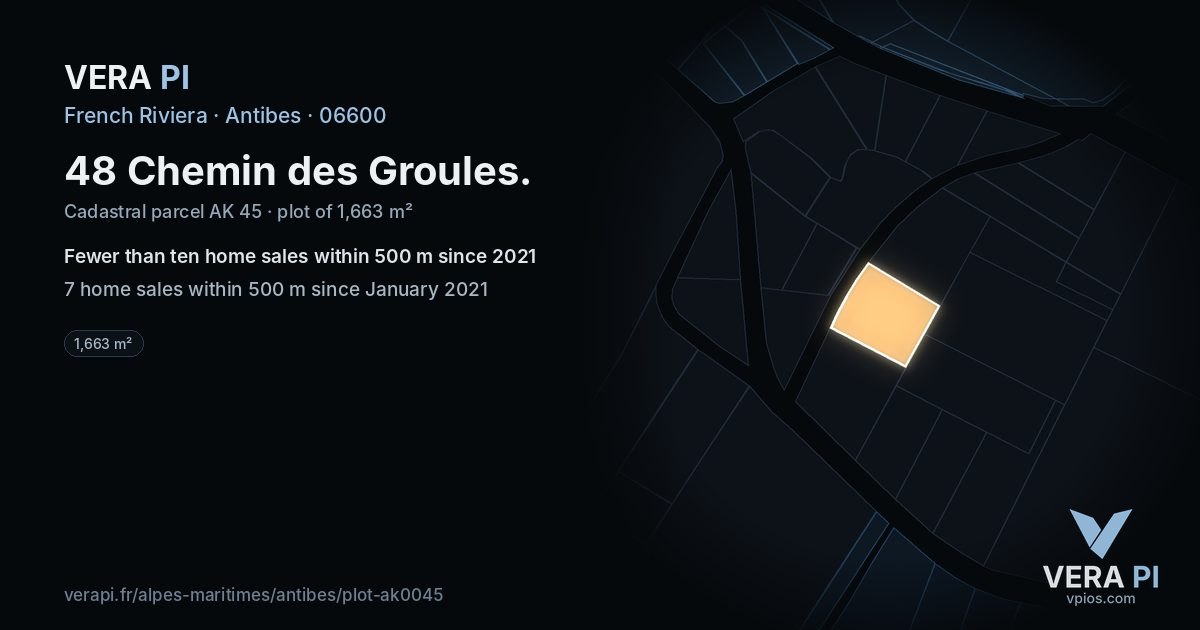 48 Chemin des Groules, Antibes at night – the plot lit, the parcels around coloured by the prices near them