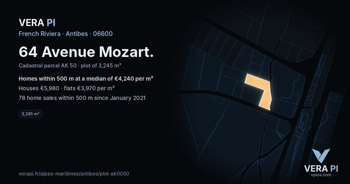 64 Avenue Mozart, Antibes at night – the plot lit, the parcels around coloured by the prices near them