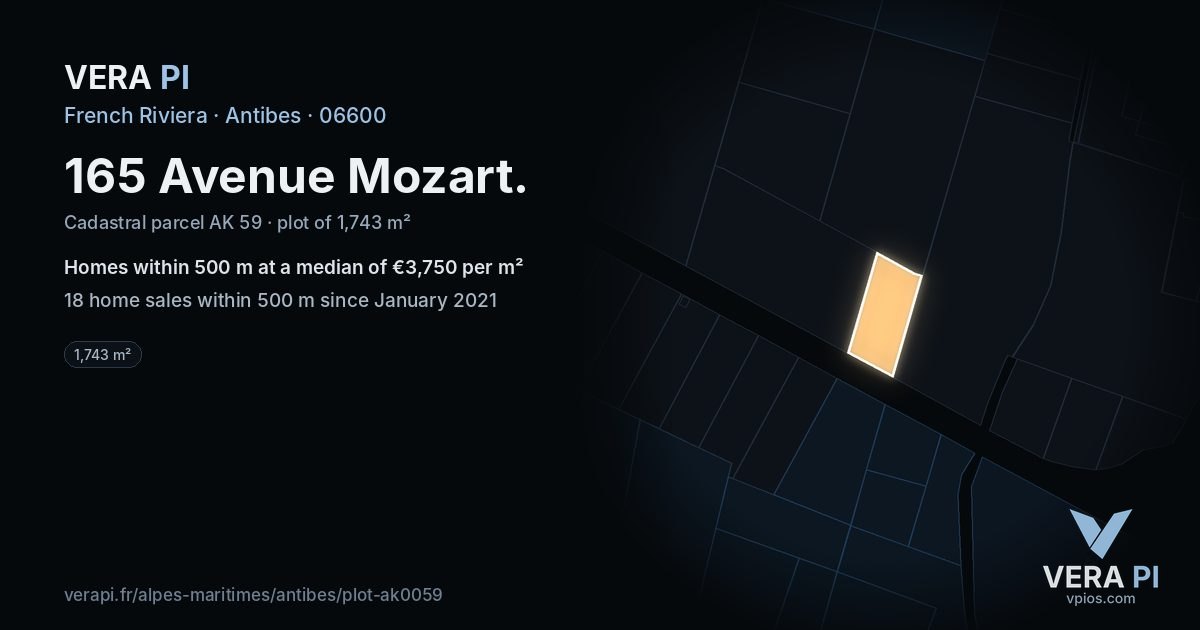 165 Avenue Mozart, Antibes at night – the plot lit, the parcels around coloured by the prices near them