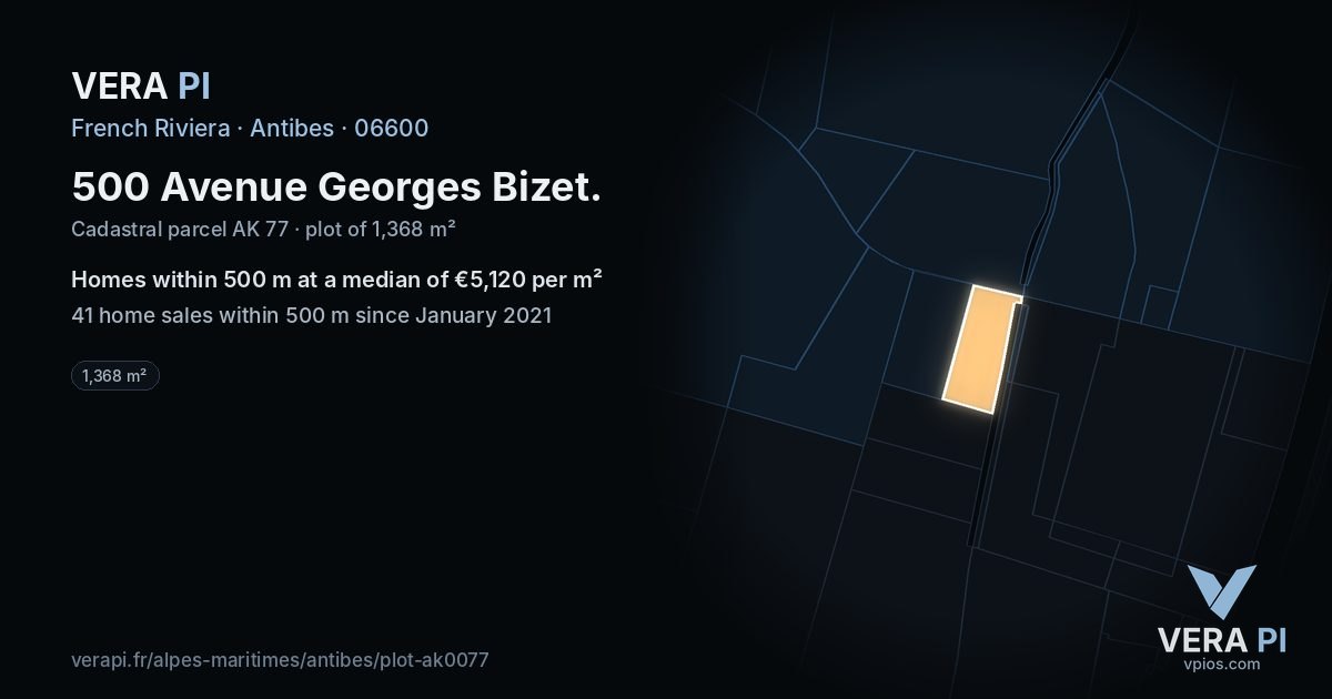 500 Avenue Georges Bizet, Antibes at night – the plot lit, the parcels around coloured by the prices near them