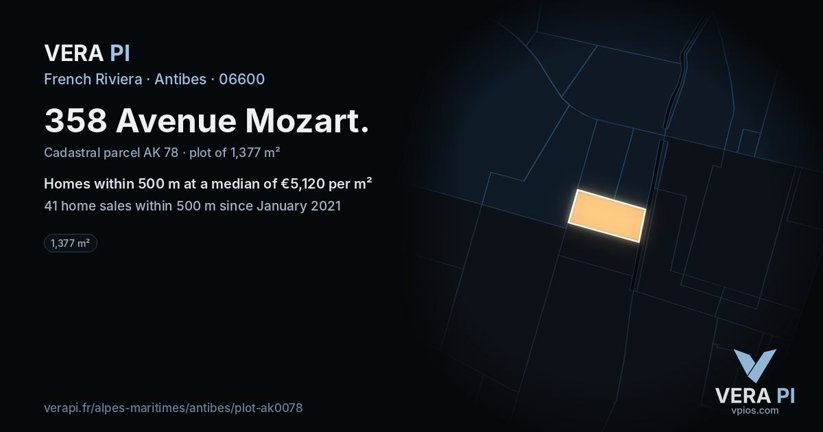 358 Avenue Mozart, Antibes at night – the plot lit, the parcels around coloured by the prices near them