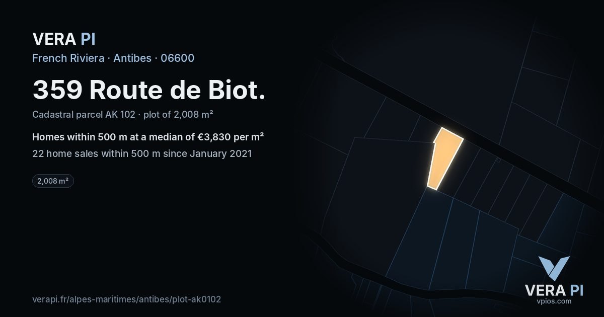 359 Route de Biot, Antibes at night – the plot lit, the parcels around coloured by the prices near them