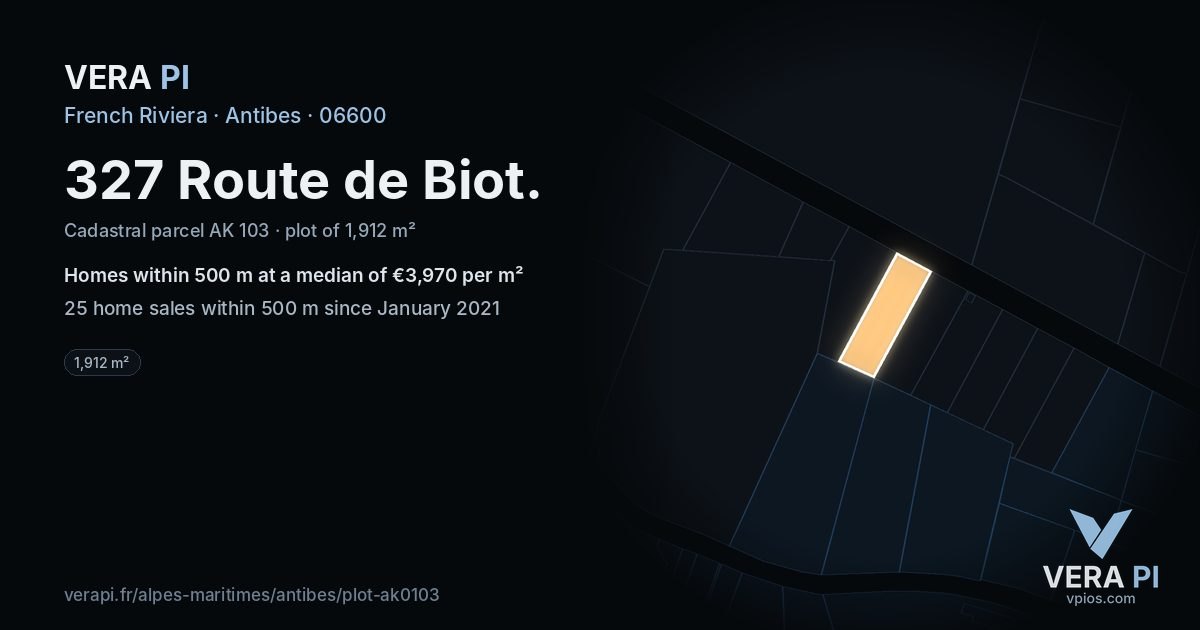 327 Route de Biot, Antibes at night – the plot lit, the parcels around coloured by the prices near them