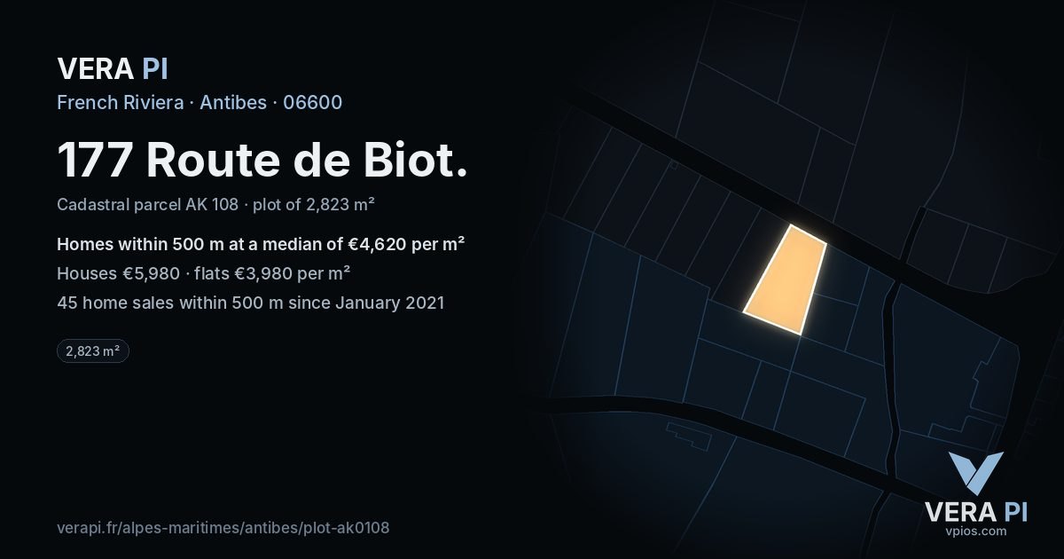 177 Route de Biot, Antibes at night – the plot lit, the parcels around coloured by the prices near them