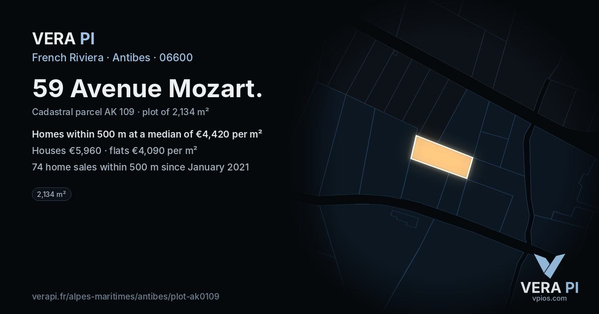 59 Avenue Mozart, Antibes at night – the plot lit, the parcels around coloured by the prices near them
