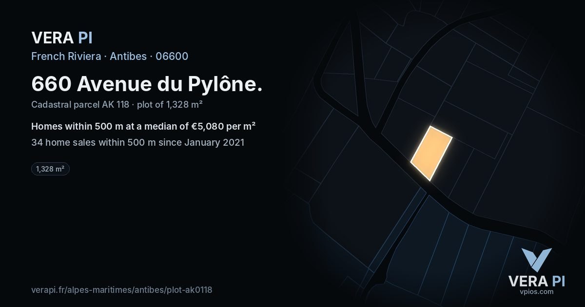 660 Avenue du Pylône, Antibes at night – the plot lit, the parcels around coloured by the prices near them