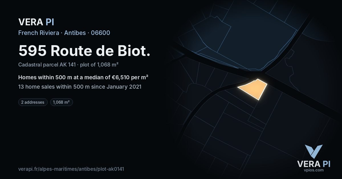 595 Route de Biot, Antibes at night – the plot lit, the parcels around coloured by the prices near them