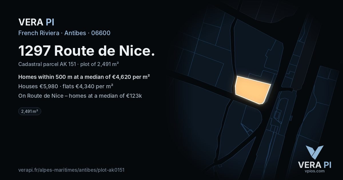 1297 Route de Nice, Antibes at night – the plot lit, the parcels around coloured by the prices near them