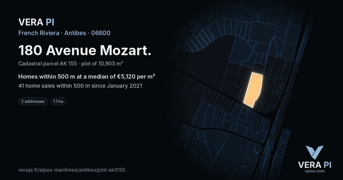 180 Avenue Mozart, Antibes at night – the plot lit, the parcels around coloured by the prices near them