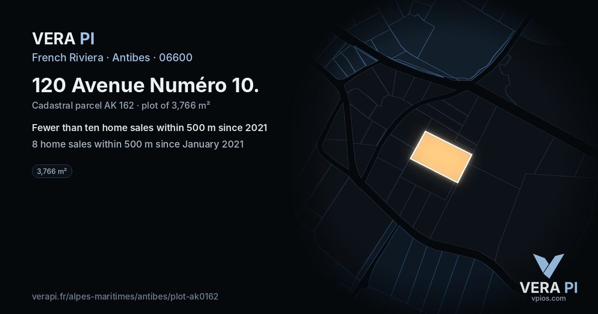 120 Avenue Numéro 10, Antibes at night – the plot lit, the parcels around coloured by the prices near them