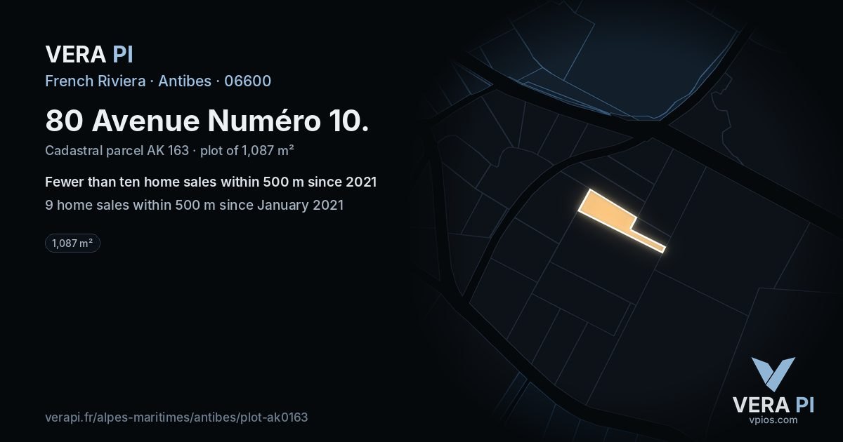 80 Avenue Numéro 10, Antibes at night – the plot lit, the parcels around coloured by the prices near them