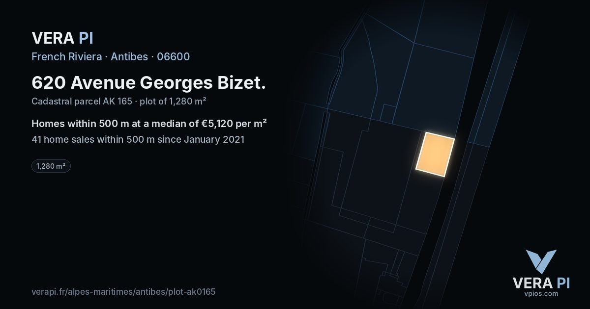 620 Avenue Georges Bizet, Antibes at night – the plot lit, the parcels around coloured by the prices near them