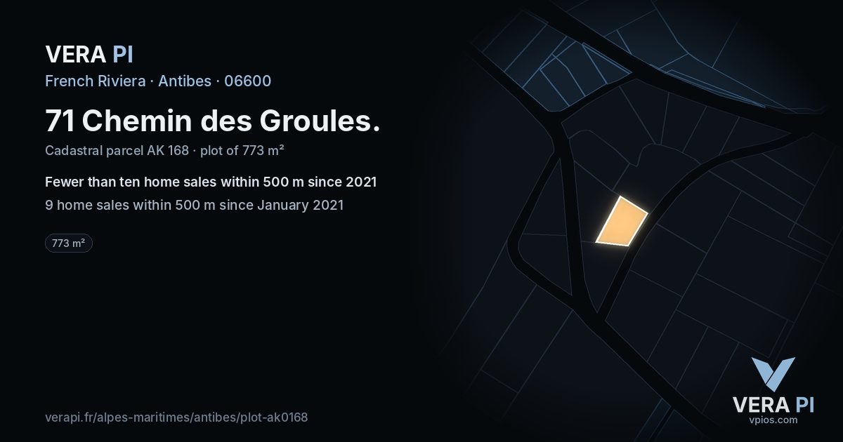71 Chemin des Groules, Antibes at night – the plot lit, the parcels around coloured by the prices near them