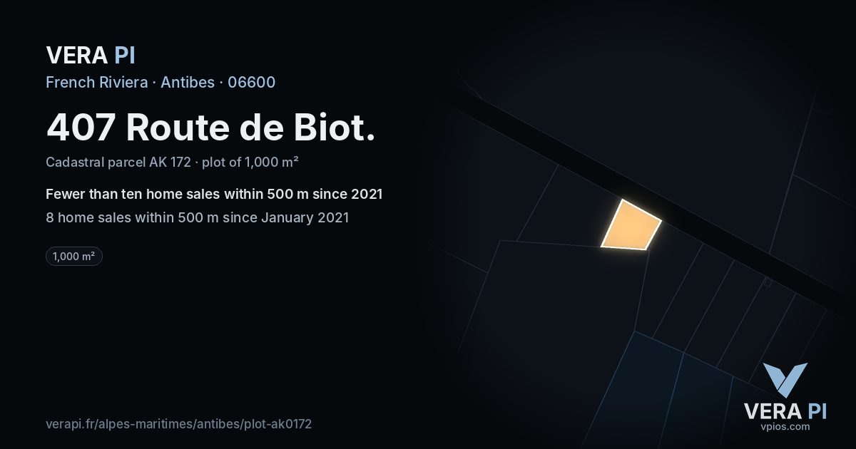 407 Route de Biot, Antibes at night – the plot lit, the parcels around coloured by the prices near them
