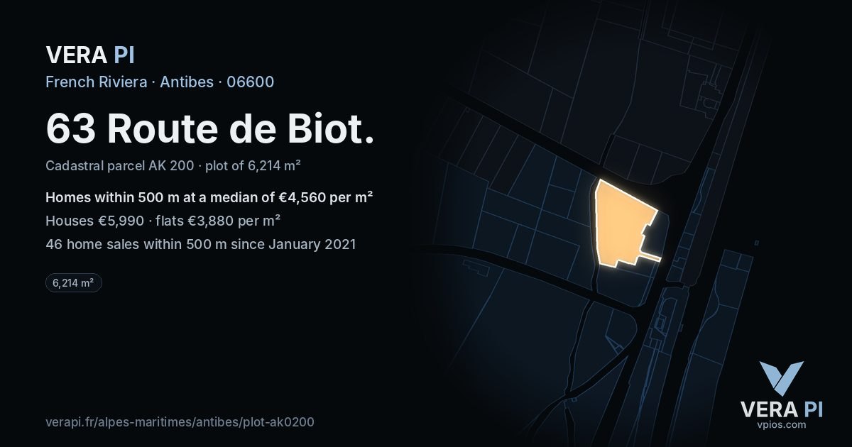 63 Route de Biot, Antibes at night – the plot lit, the parcels around coloured by the prices near them