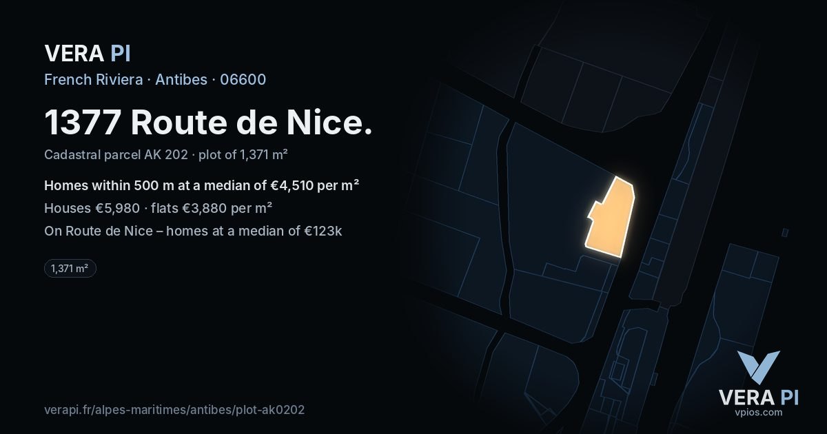 1377 Route de Nice, Antibes at night – the plot lit, the parcels around coloured by the prices near them