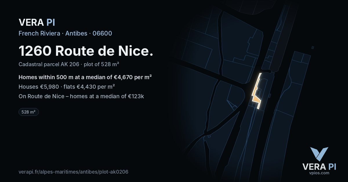1260 Route de Nice, Antibes at night – the plot lit, the parcels around coloured by the prices near them