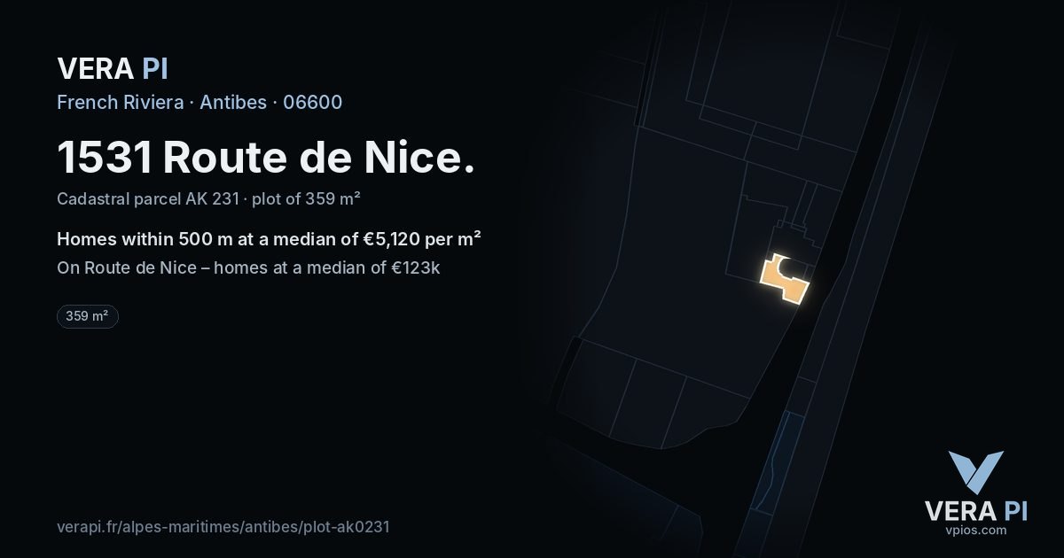 1531 Route de Nice, Antibes at night – the plot lit, the parcels around coloured by the prices near them