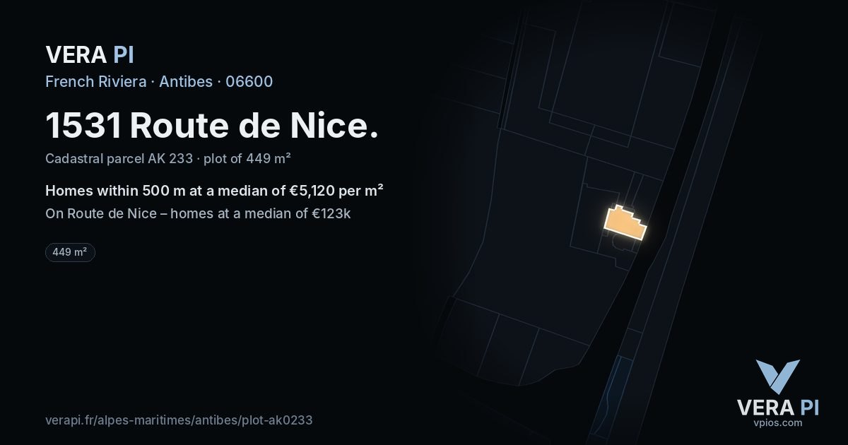 1531 Route de Nice, Antibes at night – the plot lit, the parcels around coloured by the prices near them
