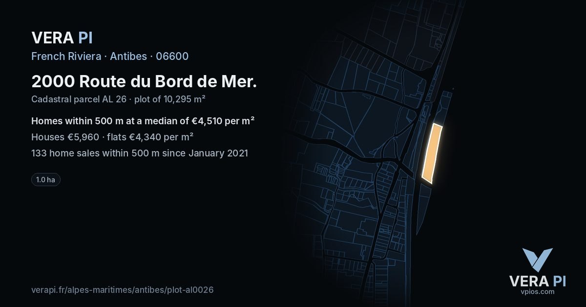 2000 Route du Bord de Mer, Antibes at night – the plot lit, the parcels around coloured by the prices near them