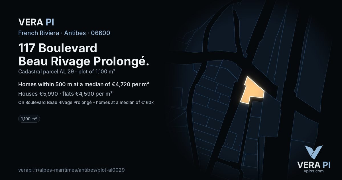 117 Boulevard Beau Rivage Prolongé, Antibes at night – the plot lit, the parcels around coloured by the prices near them