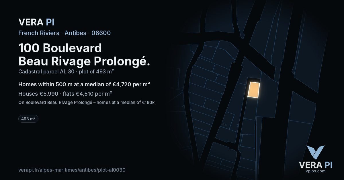 100 Boulevard Beau Rivage Prolongé, Antibes at night – the plot lit, the parcels around coloured by the prices near them