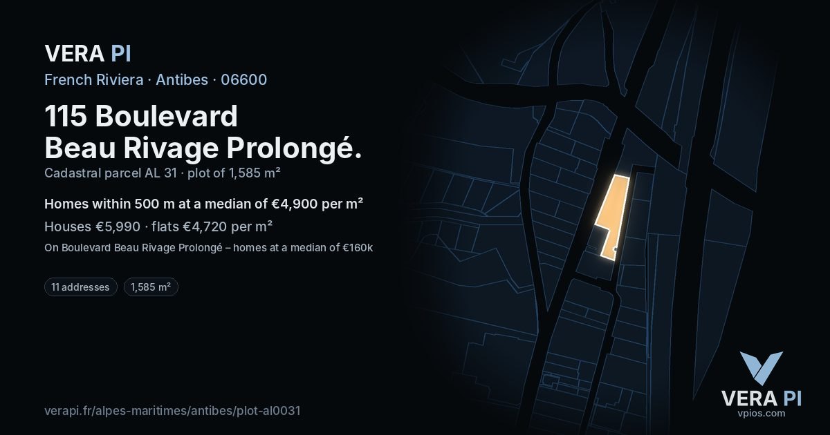 115 Boulevard Beau Rivage Prolongé, Antibes at night – the plot lit, the parcels around coloured by the prices near them