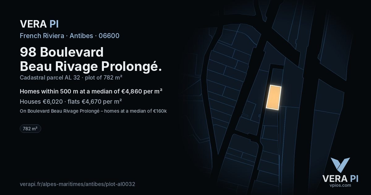 98 Boulevard Beau Rivage Prolongé, Antibes at night – the plot lit, the parcels around coloured by the prices near them