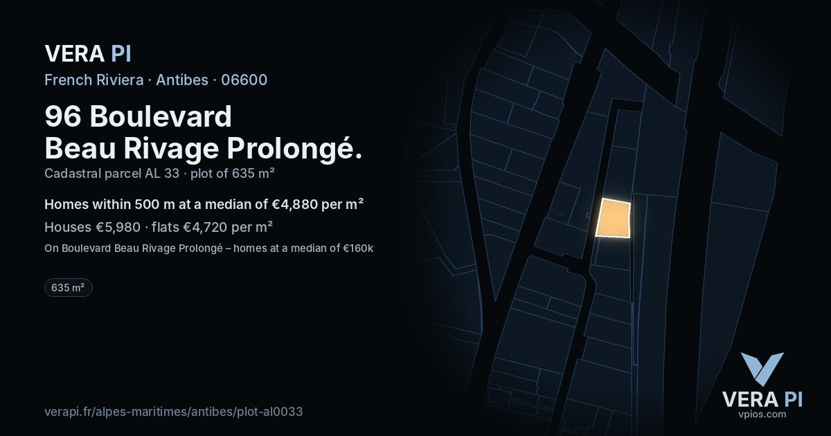96 Boulevard Beau Rivage Prolongé, Antibes at night – the plot lit, the parcels around coloured by the prices near them