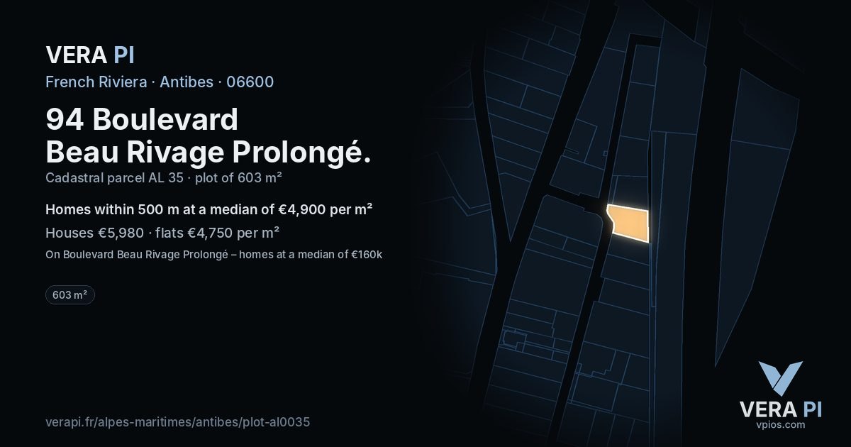 94 Boulevard Beau Rivage Prolongé, Antibes at night – the plot lit, the parcels around coloured by the prices near them