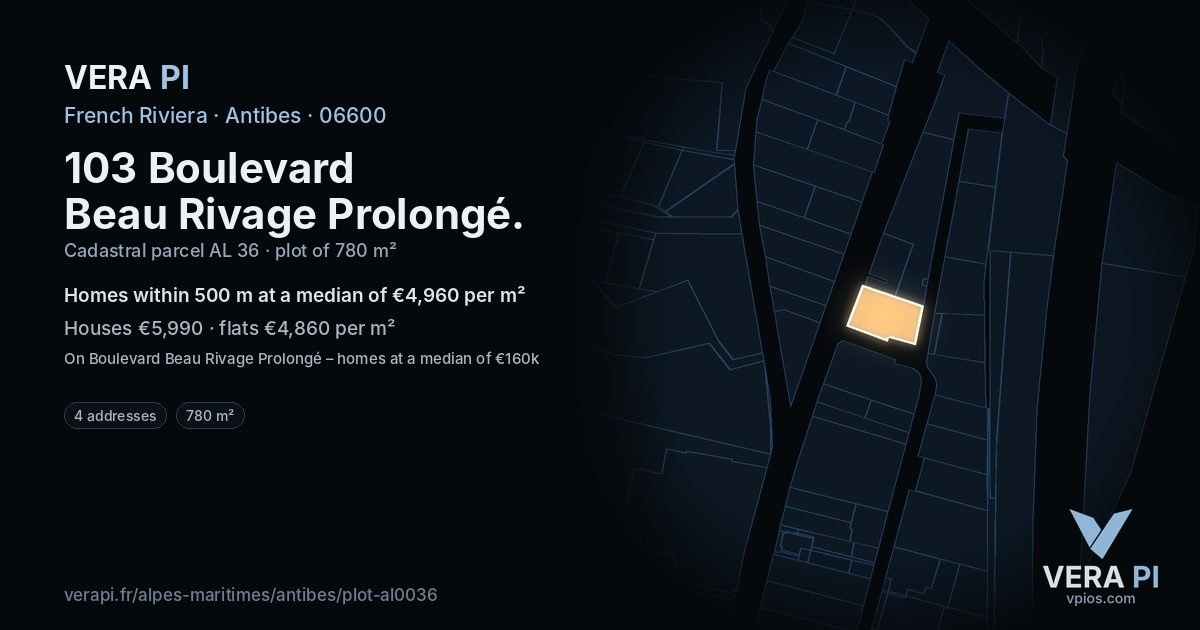 103 Boulevard Beau Rivage Prolongé, Antibes at night – the plot lit, the parcels around coloured by the prices near them