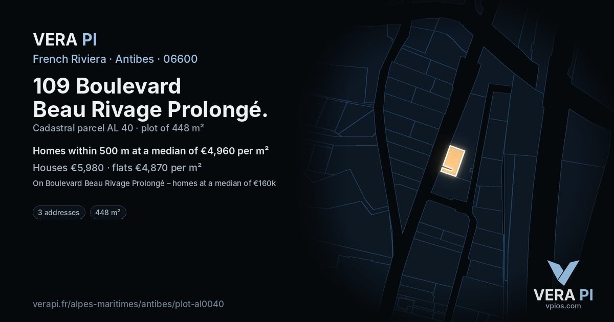 109 Boulevard Beau Rivage Prolongé, Antibes at night – the plot lit, the parcels around coloured by the prices near them
