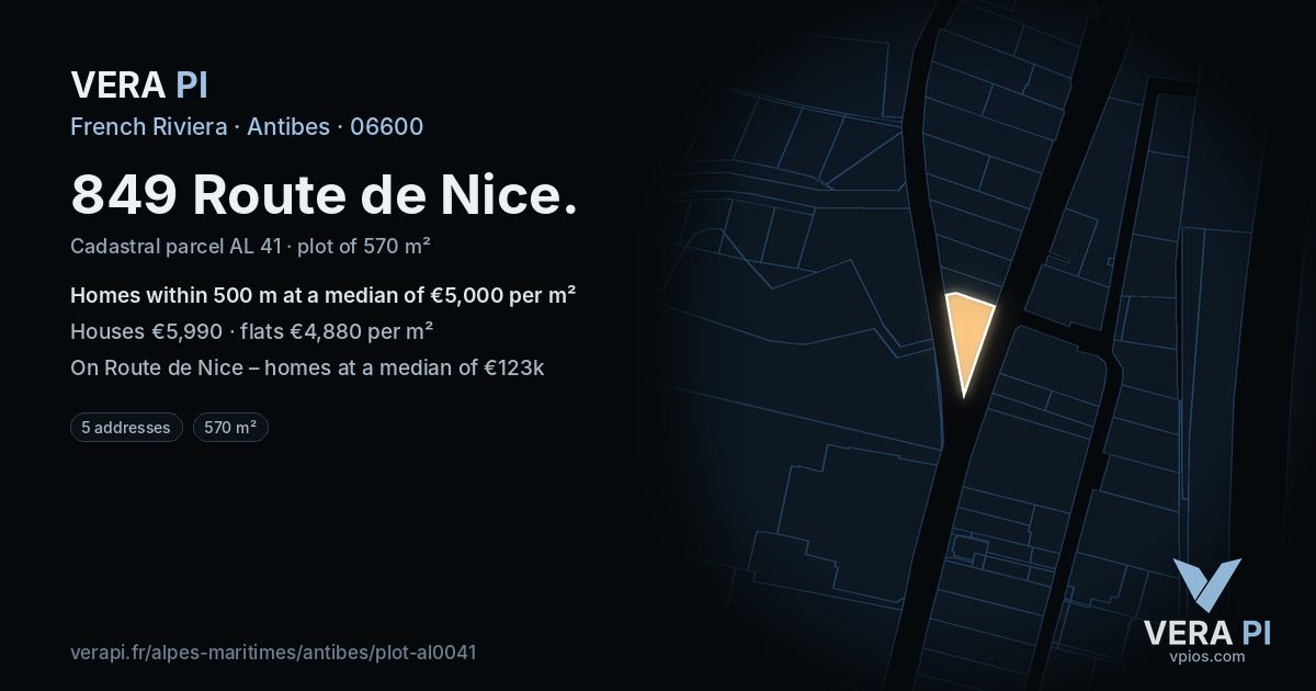 849 Route de Nice, Antibes at night – the plot lit, the parcels around coloured by the prices near them