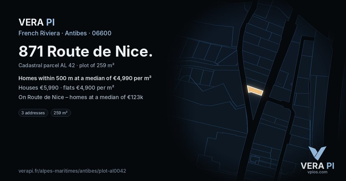 871 Route de Nice, Antibes at night – the plot lit, the parcels around coloured by the prices near them