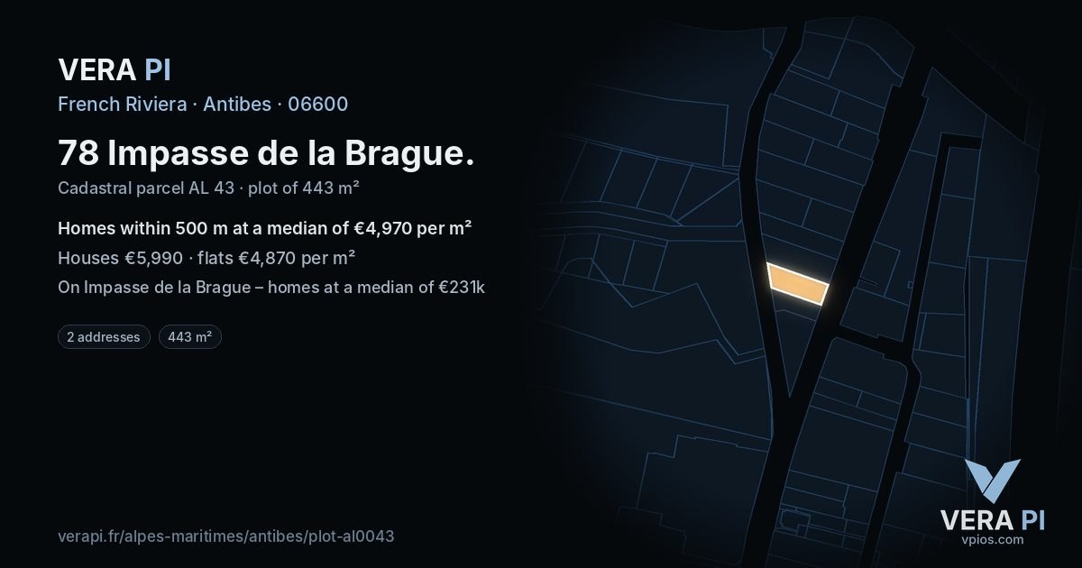 78 Impasse de la Brague, Antibes at night – the plot lit, the parcels around coloured by the prices near them