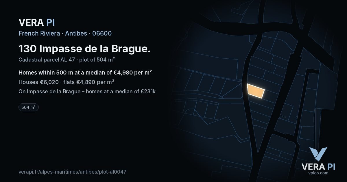 130 Impasse de la Brague, Antibes at night – the plot lit, the parcels around coloured by the prices near them