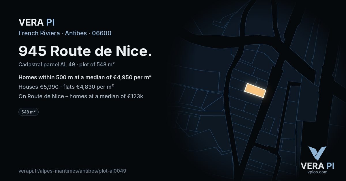 945 Route de Nice, Antibes at night – the plot lit, the parcels around coloured by the prices near them