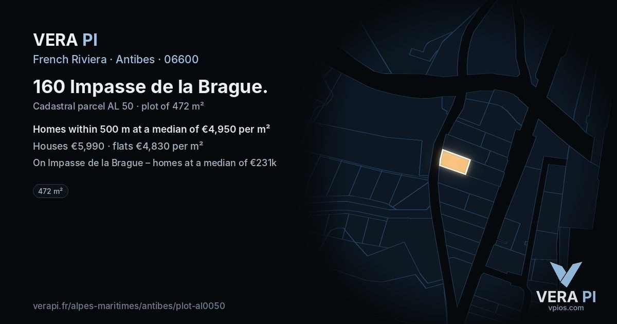 160 Impasse de la Brague, Antibes at night – the plot lit, the parcels around coloured by the prices near them