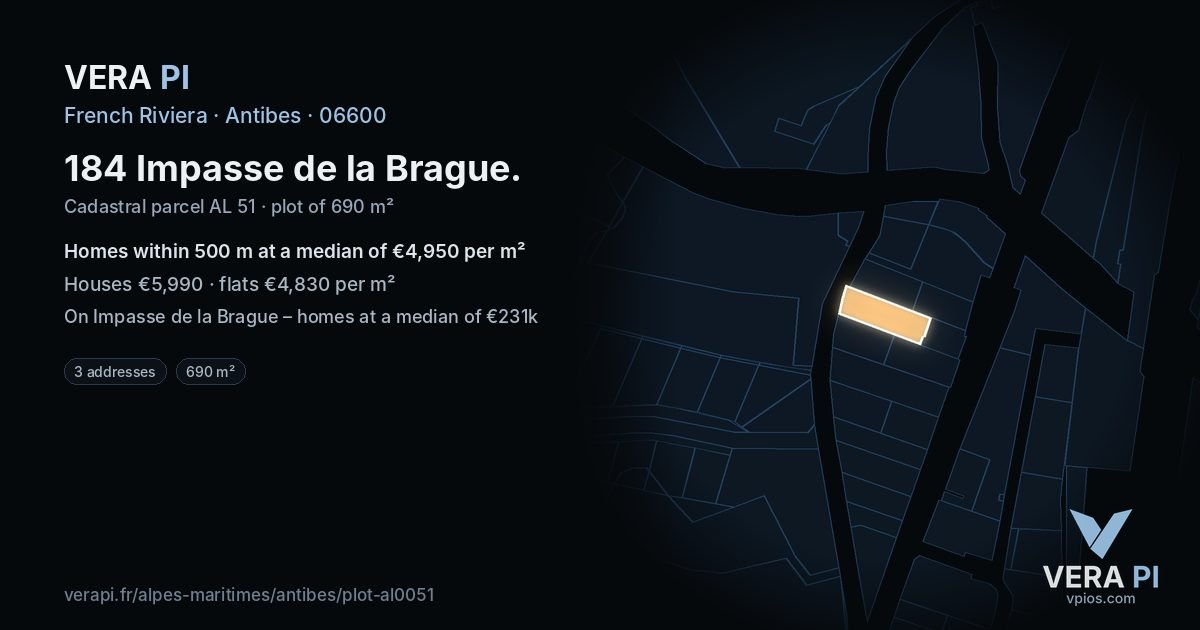 184 Impasse de la Brague, Antibes at night – the plot lit, the parcels around coloured by the prices near them