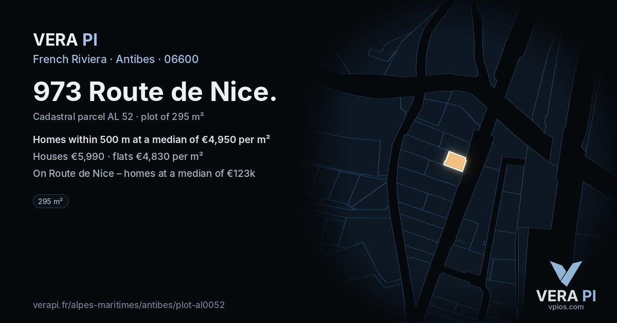 973 Route de Nice, Antibes at night – the plot lit, the parcels around coloured by the prices near them