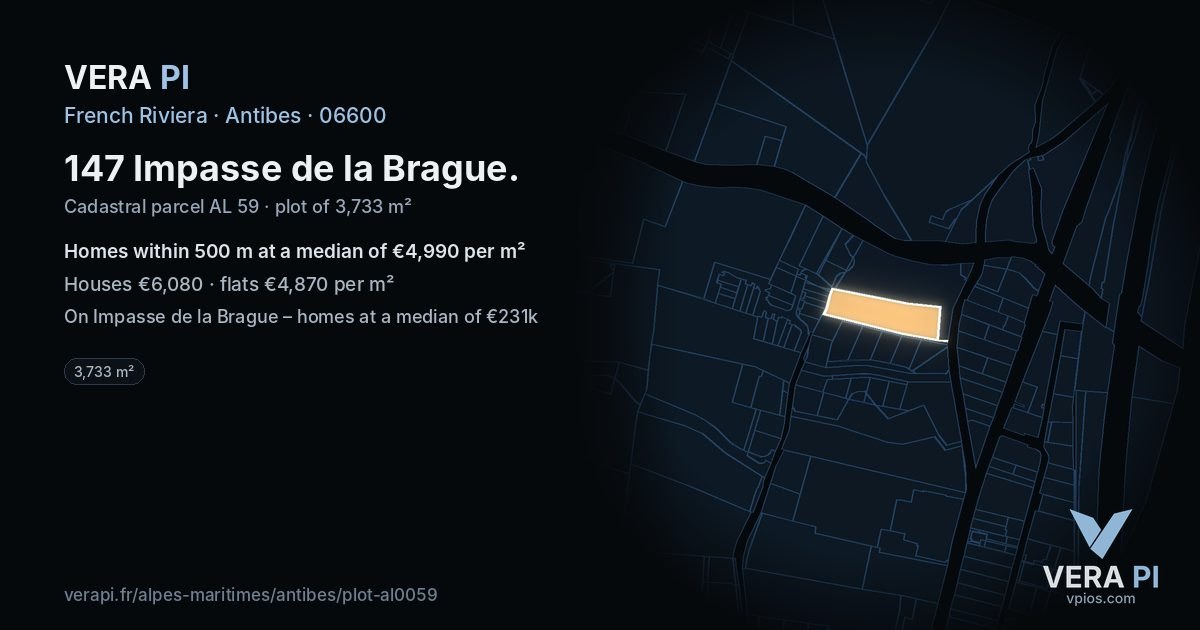 147 Impasse de la Brague, Antibes at night – the plot lit, the parcels around coloured by the prices near them