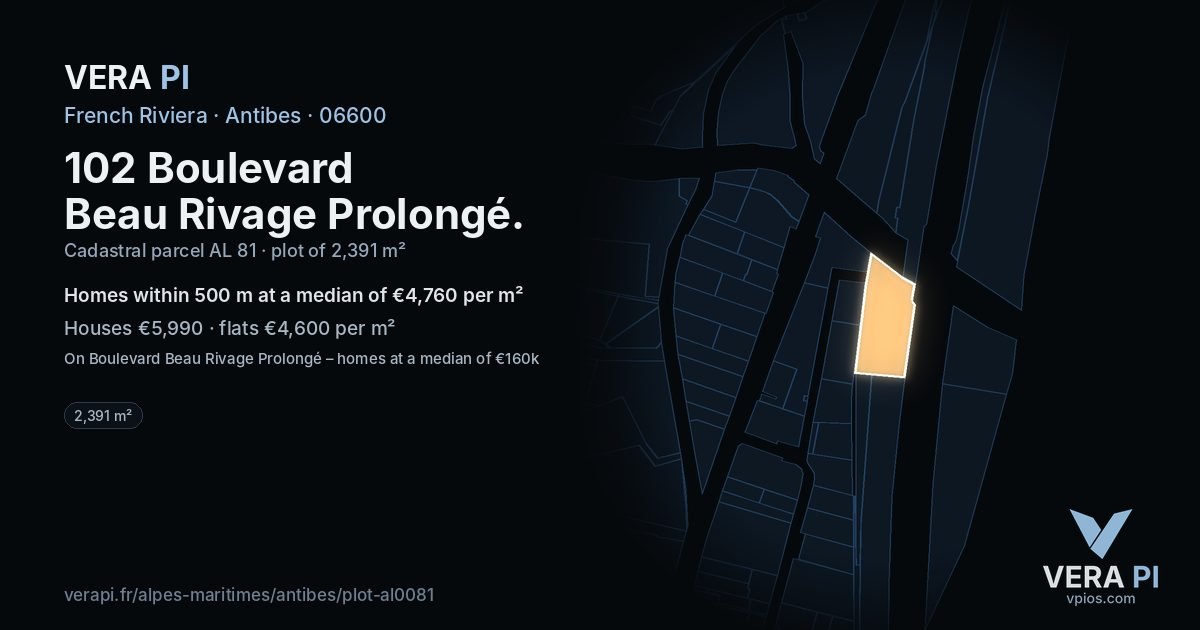 102 Boulevard Beau Rivage Prolongé, Antibes at night – the plot lit, the parcels around coloured by the prices near them