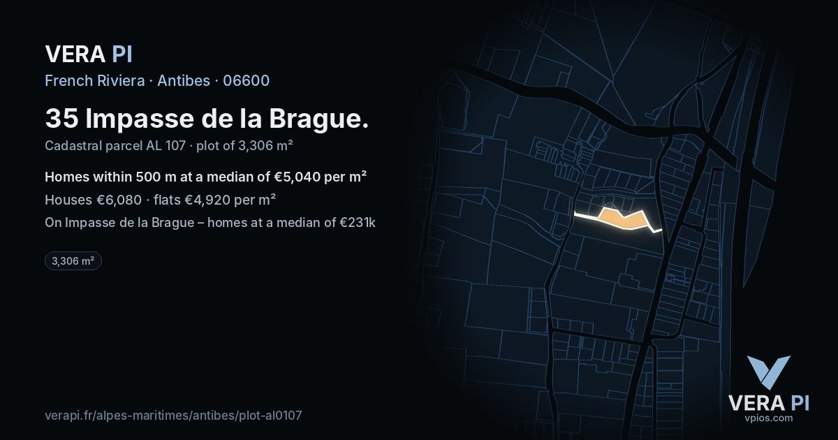 35 Impasse de la Brague, Antibes at night – the plot lit, the parcels around coloured by the prices near them