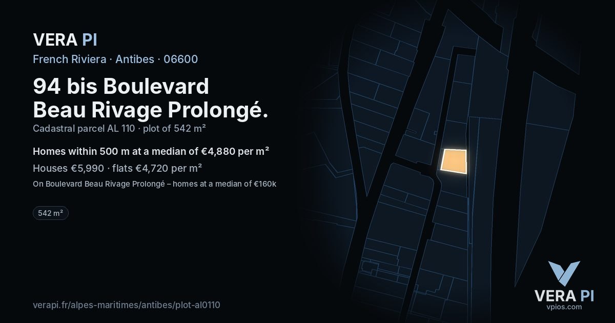 94 bis Boulevard Beau Rivage Prolongé, Antibes at night – the plot lit, the parcels around coloured by the prices near them