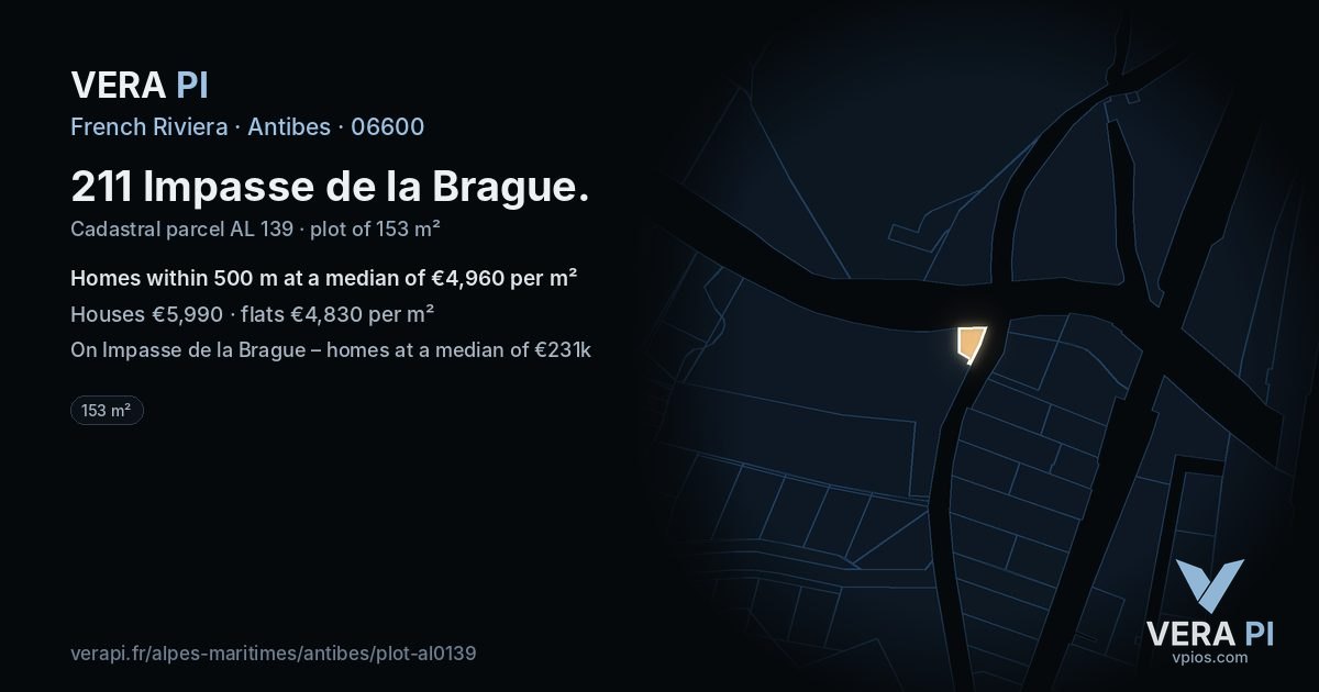 211 Impasse de la Brague, Antibes at night – the plot lit, the parcels around coloured by the prices near them