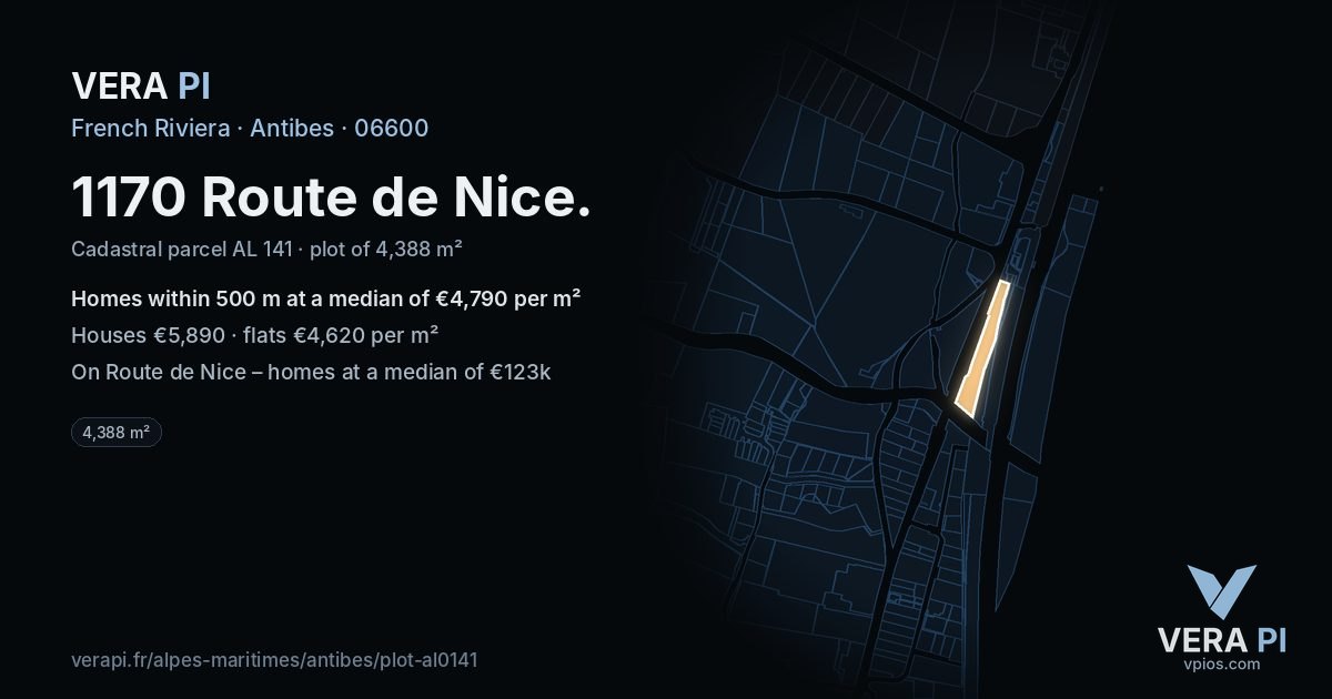 1170 Route de Nice, Antibes at night – the plot lit, the parcels around coloured by the prices near them