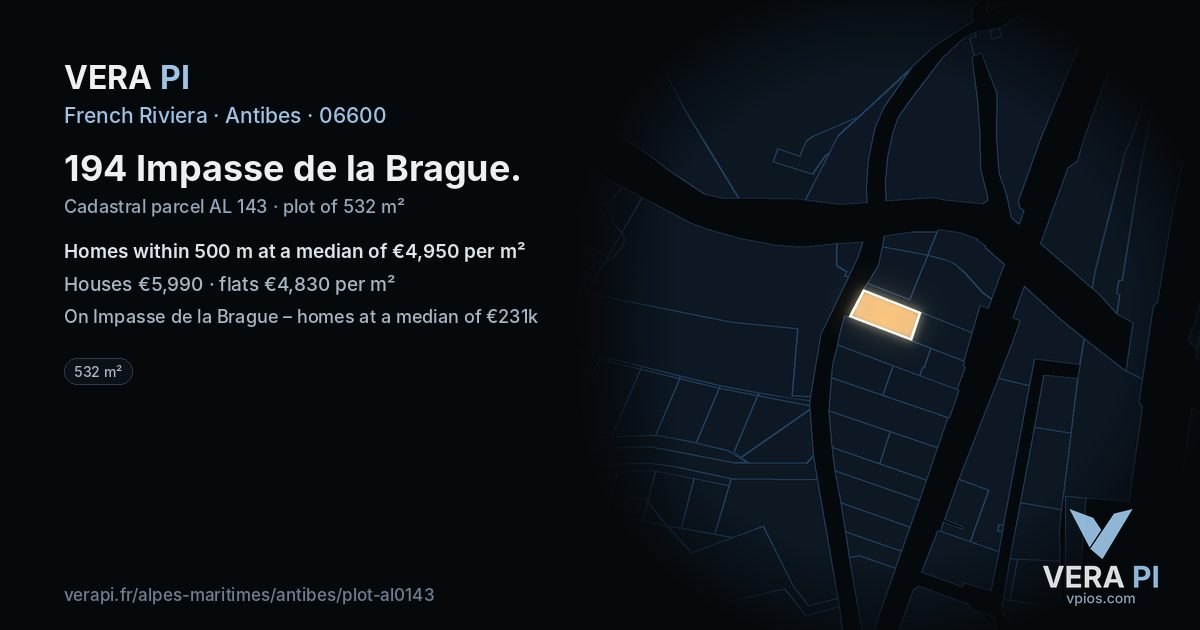 194 Impasse de la Brague, Antibes at night – the plot lit, the parcels around coloured by the prices near them