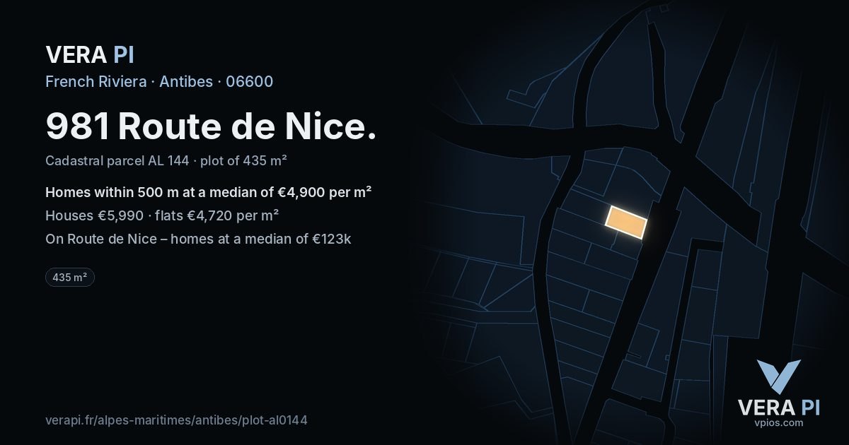 981 Route de Nice, Antibes at night – the plot lit, the parcels around coloured by the prices near them