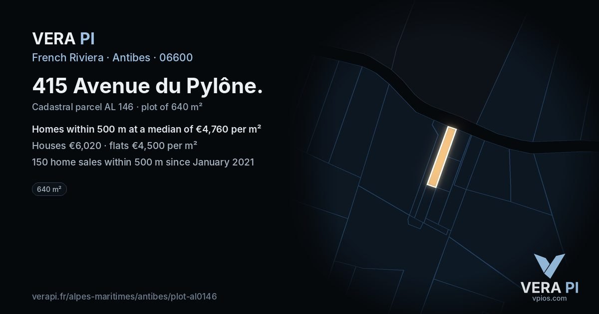 415 Avenue du Pylône, Antibes at night – the plot lit, the parcels around coloured by the prices near them